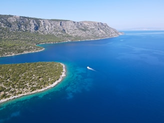 an aerial view of a boat in a body of water