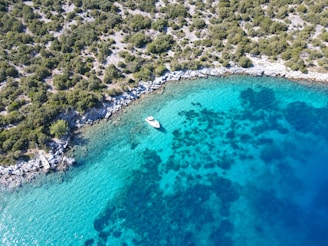 an aerial view of a boat in the water