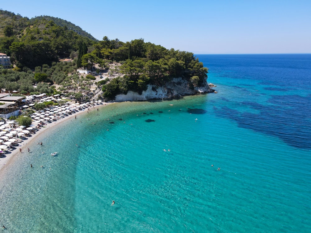 an aerial view of a beach and a resort