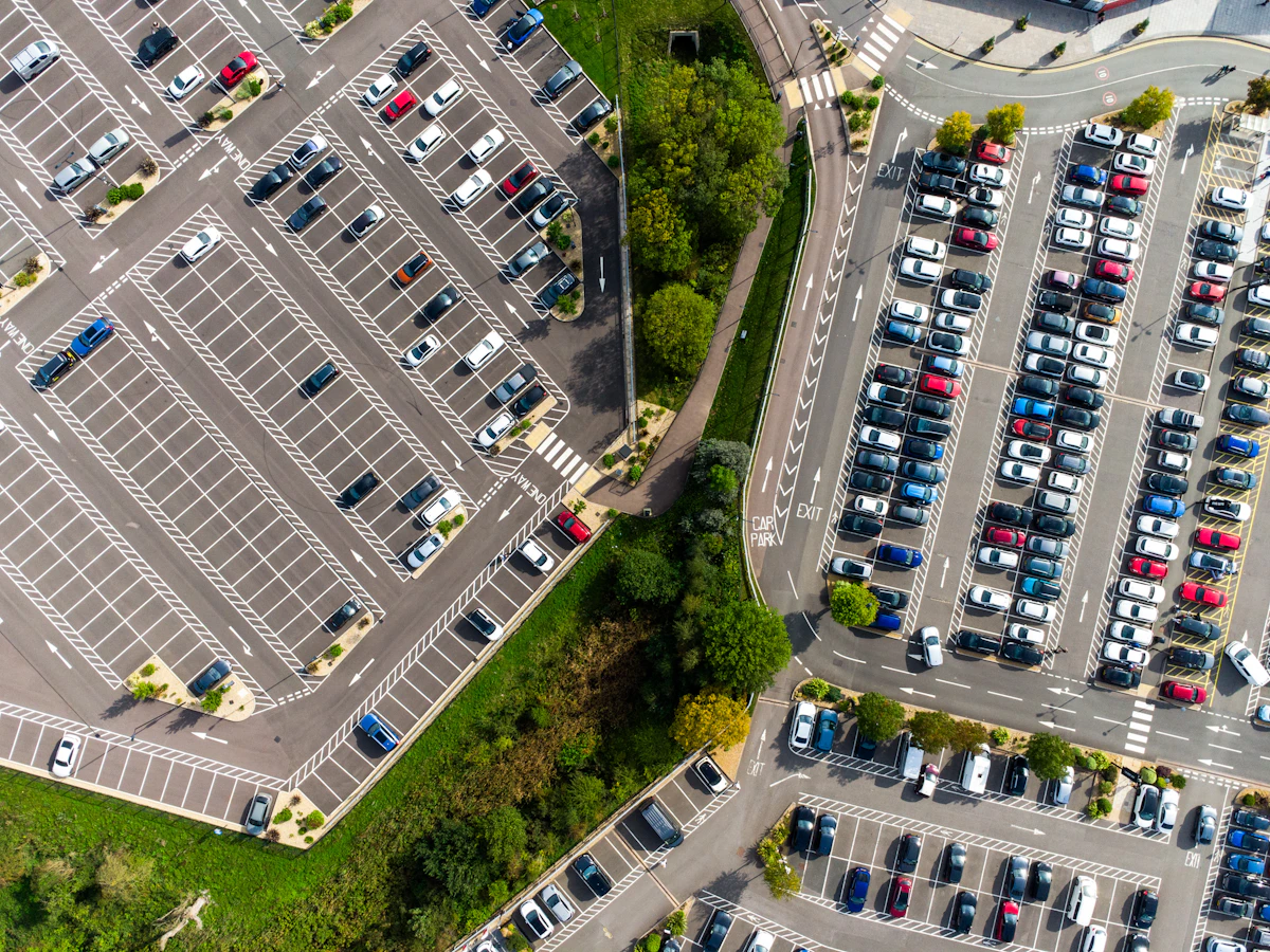 Aerial view of a business fleet parking area