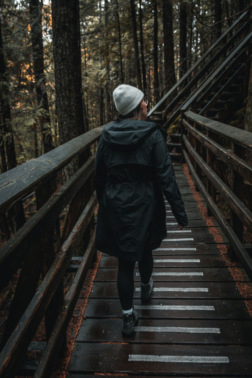 une personne marchant sur un pont dans les bois
