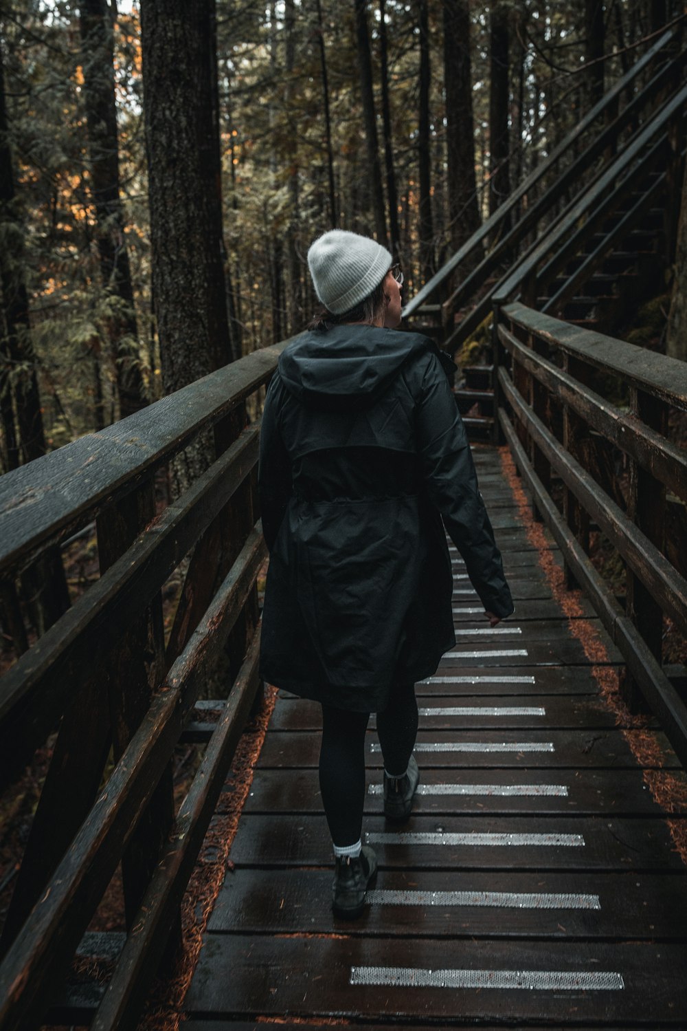 a person walking across a bridge in the woods