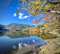 A wide shot of a serene mountain lake reflecting autumn colors under a clear sky.