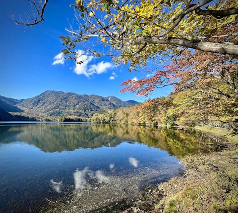 A wide shot of a serene mountain lake reflecting autumn colors under a clear sky.
