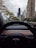 View from inside a car, specifically a Tesla, with the steering wheel prominently in the foreground. The windshield reveals a city landscape with tall skyscrapers and trees lining the street. The weather appears cloudy, and there are a few cars on the road.