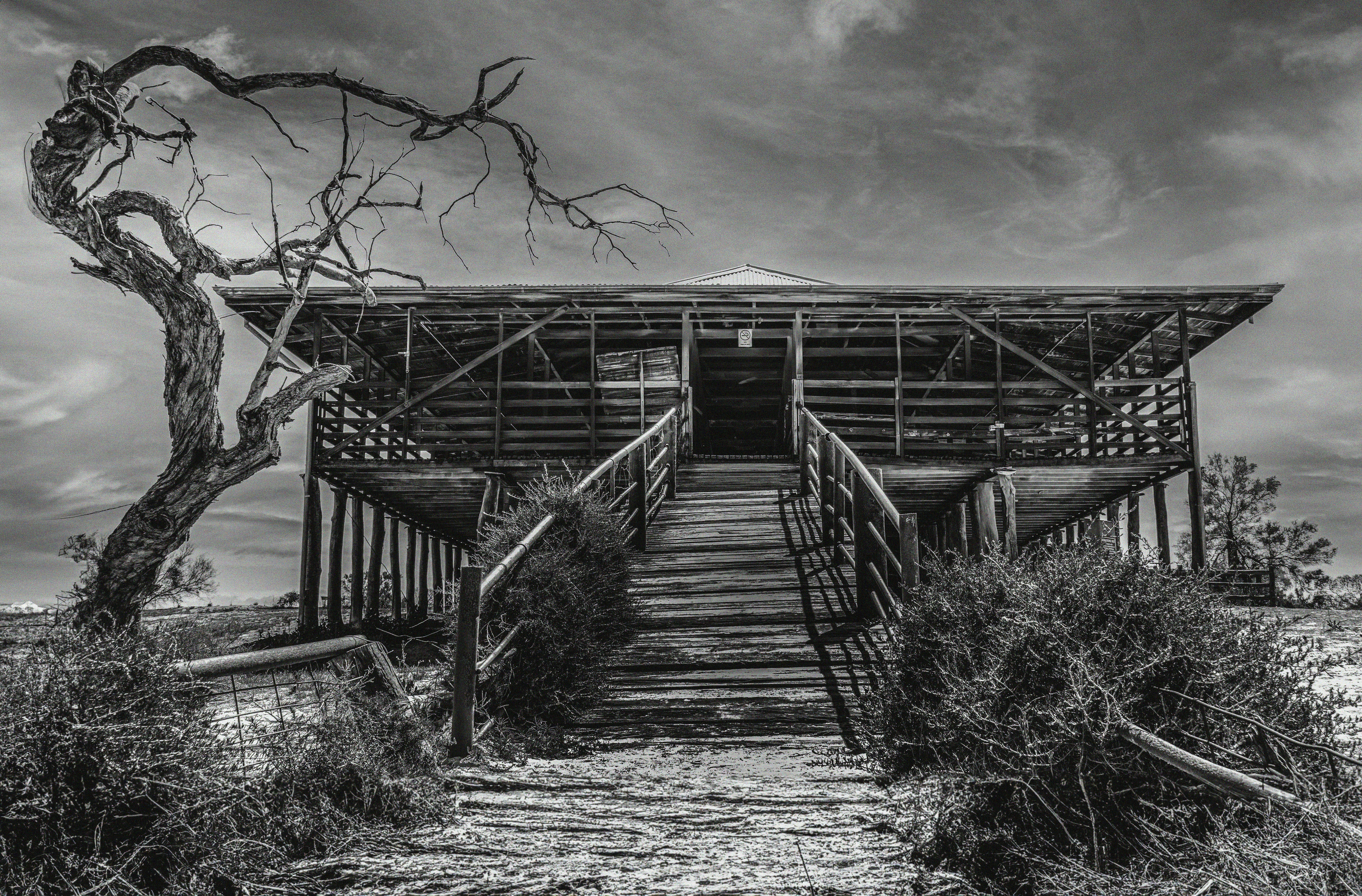 a black and white photo of a wooden structure