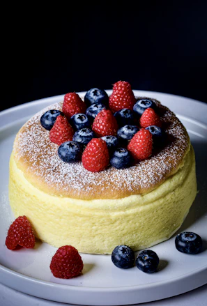 Bright and fresh berry cake topped with powdered sugar on a white plate.