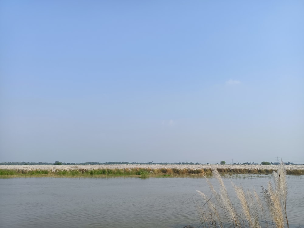 a large body of water with a sky in the background