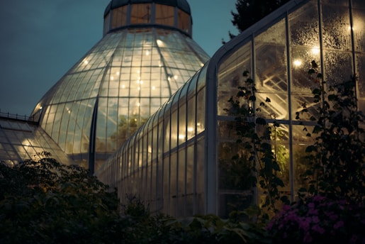 A modern smart greenhouse glowing warmly at dusk, showcasing rows of thriving plants under advanced lighting systems.