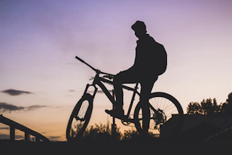 Sunset silhouette of a cyclist pushing their gravel bike up a steep incline surrounded by wildflowers.