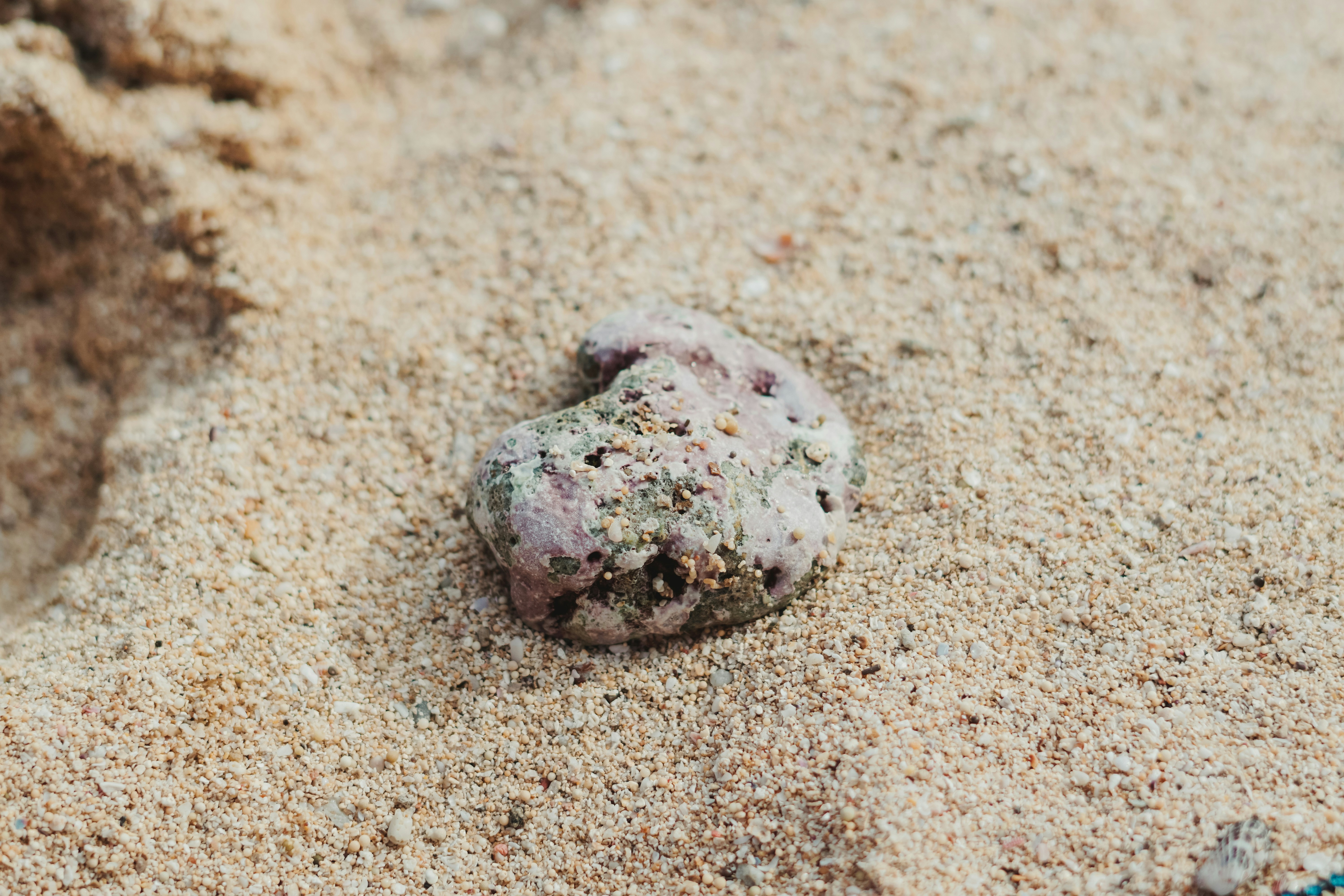 a rock sitting on top of a sandy beach