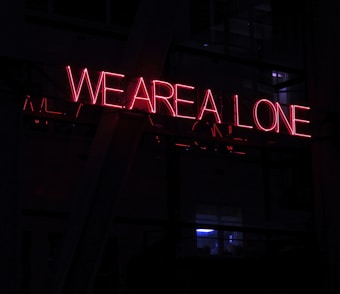 Red neon text saying 'WE ARE ALL ONE' in uppercase letters against a dark background. The sign is positioned diagonally.