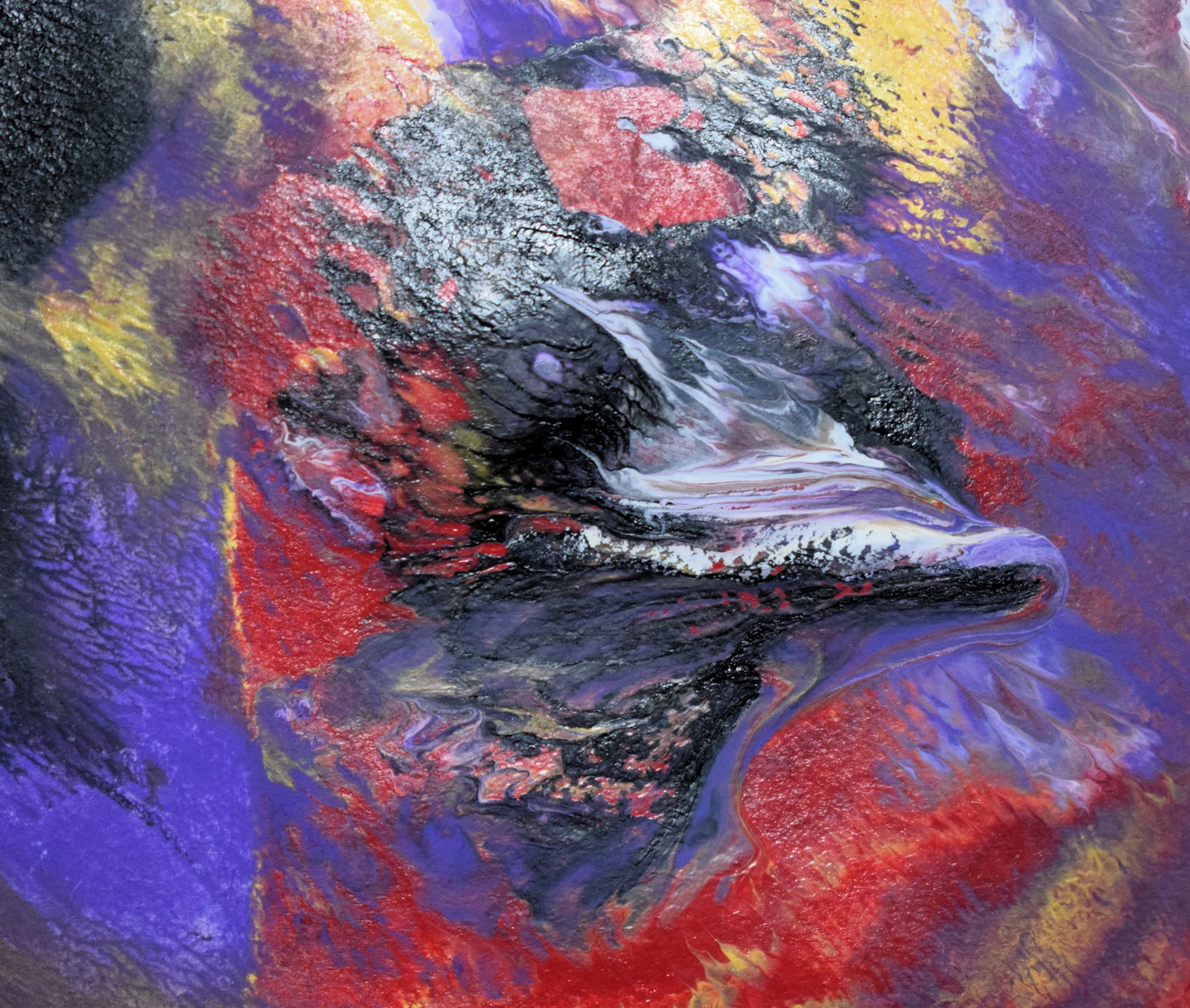 A vibrant photograph of Fred Martin's early 1970s abstract painting, rich with terracotta and charcoal hues, capturing his experimental spirit.