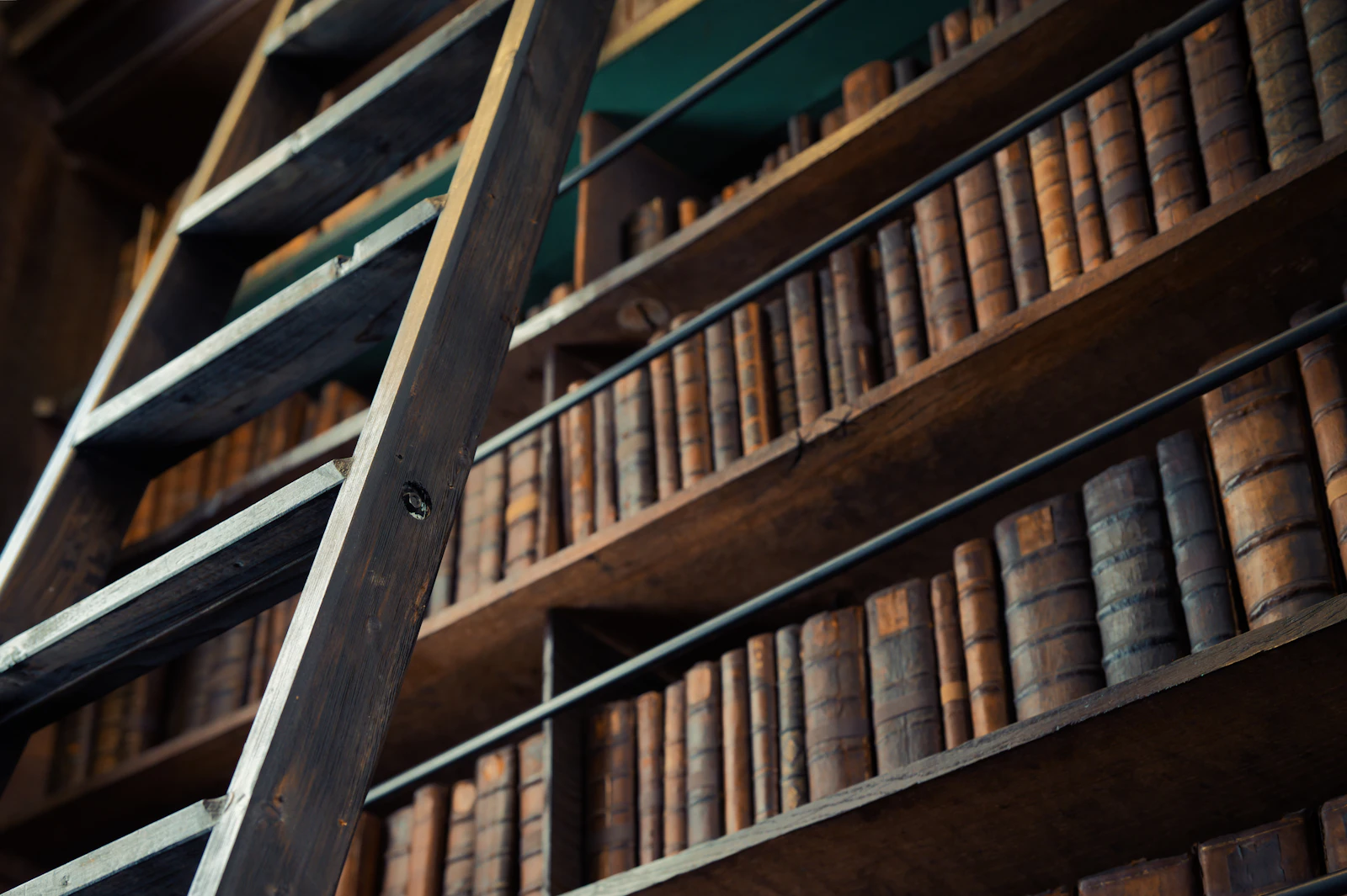 A ladder leaning against towering bookshelves in a dim, aged library