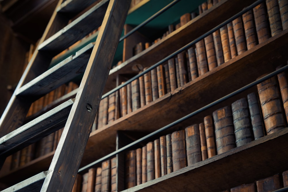 a ladder leaning against a bookshelf filled with books