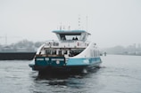 A ferry with blue and white coloring travels on a body of water under grey, overcast skies. The ferry is labeled 'IJVEER 55 AMSTERDAM' and carries passengers in an enclosed cabin on the upper deck. In the distance, a crane and blurred cityscape can be seen.
