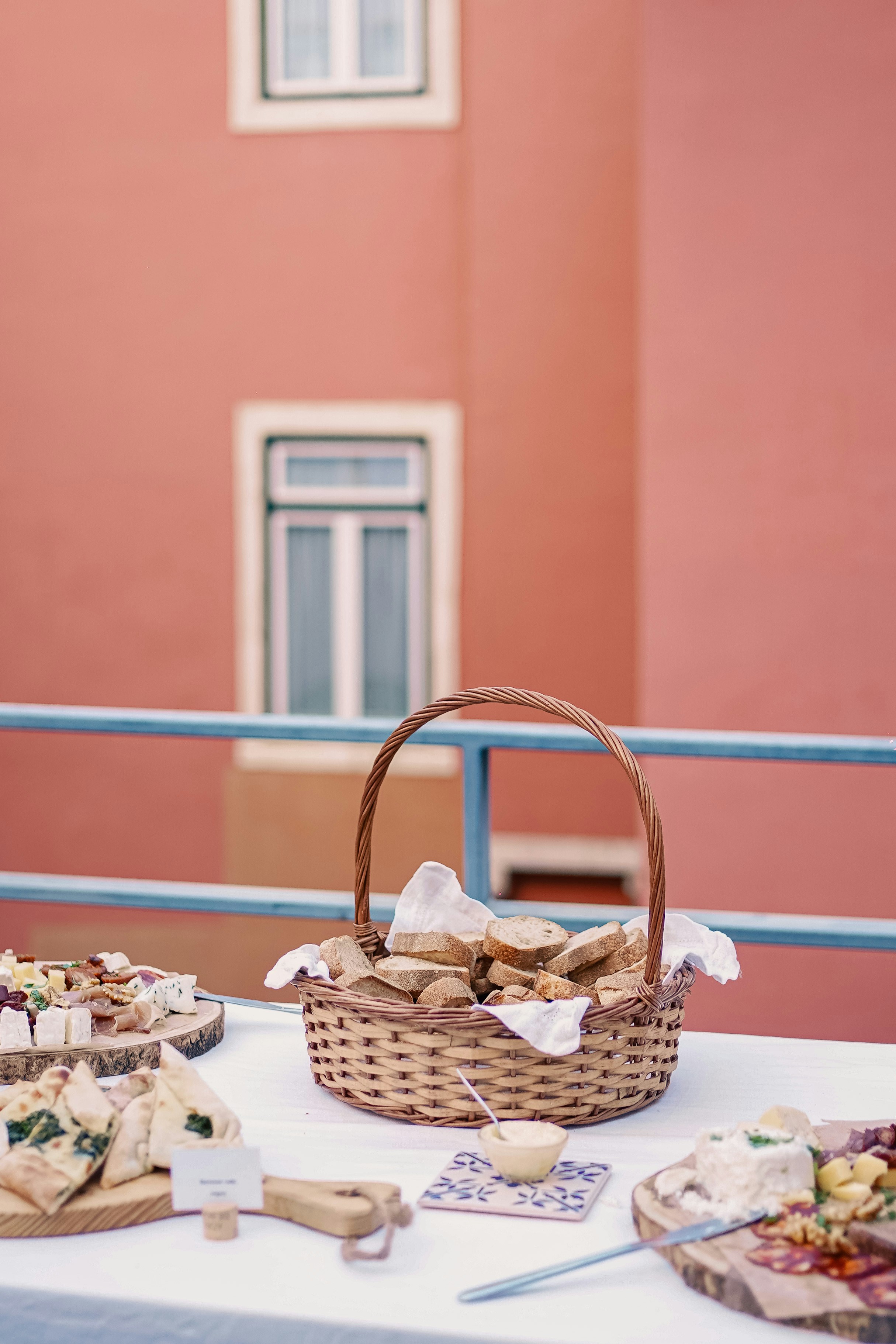 a table with a basket of food on it