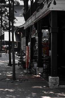 A serene covered walkway is shadowed by tall trees with sunlight filtering through their leaves. Adjacent to the walkway, a rustic wooden building features decorative signs and a patio area with tables and chairs. The area is calm, with potted plants adding greenery.