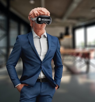 a man wearing a suit and a virtual headset