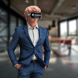 A stylized figure wearing a blue suit and a virtual reality headset with the text 'WORKING...' displayed on it stands confidently. The background is a blurred modern office setting, possibly a conference room with large windows and natural light.