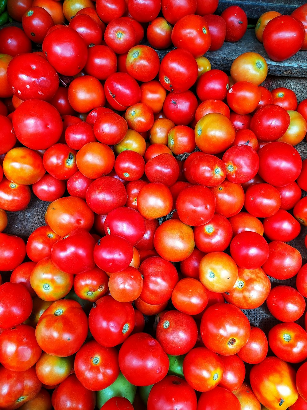 a pile of tomatoes sitting next to each other