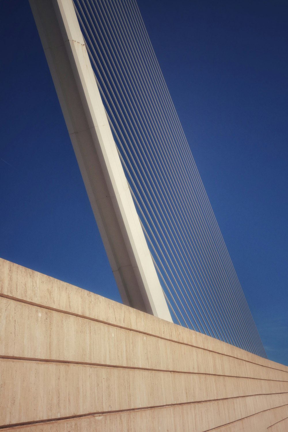 a view of a very tall bridge from below