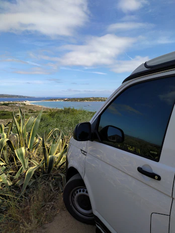 A scenic view of a private tour van driving along the coast near Sayulita with lush greenery.