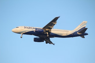 A commercial airplane in flight against a clear blue sky, with landing gear extended and the name of the airline visible on its side.