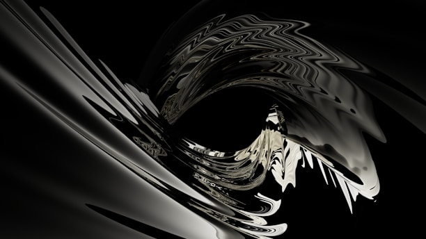 An abstract and fluid design with a central spiral feature, showing an interplay of light and shadow in curving shapes. The image has a metallic sheen and features reflections giving it a dynamic and futuristic look.