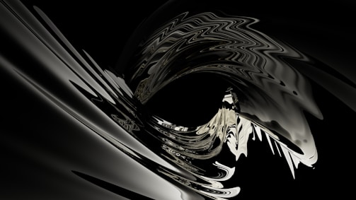 An abstract and fluid design with a central spiral feature, showing an interplay of light and shadow in curving shapes. The image has a metallic sheen and features reflections giving it a dynamic and futuristic look.