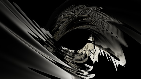 An abstract and fluid design with a central spiral feature, showing an interplay of light and shadow in curving shapes. The image has a metallic sheen and features reflections giving it a dynamic and futuristic look.