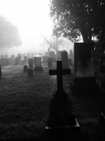 A misty graveyard with numerous tombstones scattered across a grassy landscape. The atmosphere is serene yet eerie with morning fog gently enveloping the ground. Sunlight filters through the trees, casting long shadows and adding to the ethereal ambiance. A prominent cross-shaped tombstone is in the foreground, partially covered in cobwebs, emphasizing the passage of time.