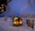 A snow-covered landscape with a cozy, wooden barrel sauna emitting warm light from its interior. Surrounding the sauna are frost-laden trees and sparse fencing, creating a serene, wintery scene. The sky is a soft twilight blue, adding to the tranquil ambiance.
