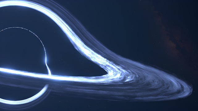 A swirling depiction of a rotating black hole bending light around it in a cosmic dance.