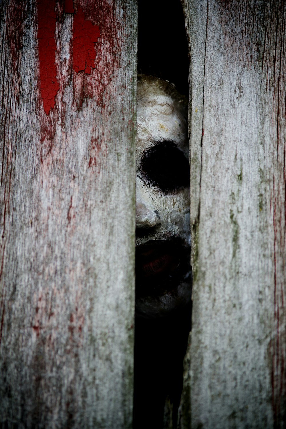 um rosto de aparência assustadora espreitando para fora de uma porta de madeira