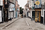 A narrow, cobblestone street lined with quaint shops and businesses. The buildings have a variety of colorful signs and traditional architectural features. There are outdoor signage boards on the sidewalk, and potted plants hanging from some shopfronts. The street is empty, adding to the historical and charming atmosphere of the scene.