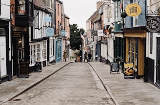 A narrow, cobblestone street lined with quaint shops and businesses. The buildings have a variety of colorful signs and traditional architectural features. There are outdoor signage boards on the sidewalk, and potted plants hanging from some shopfronts. The street is empty, adding to the historical and charming atmosphere of the scene.