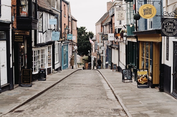 A narrow, cobblestone street lined with quaint shops and businesses. The buildings have a variety of colorful signs and traditional architectural features. There are outdoor signage boards on the sidewalk, and potted plants hanging from some shopfronts. The street is empty, adding to the historical and charming atmosphere of the scene.