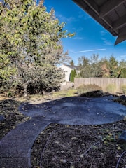 A backyard scene featuring a curved concrete patio with a few scattered chairs and fallen leaves. Surrounding the area are mature trees with dense foliage, and a wooden fence encloses the space. The sky is clear with a single white contrail visible.