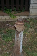 An old, rusty water pump is situated in a grassy area, with a wooden fence and bricks in the background. The pump has a weathered appearance with visible corrosion and a handle on the side.