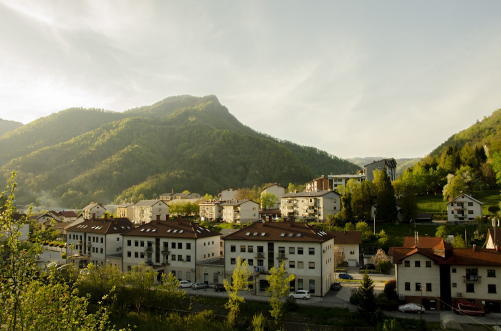 a town with a mountain in the background