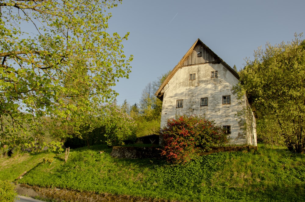 a white house sitting on top of a lush green hillside