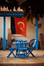 A small outdoor setting with blue wooden tables and chairs under a shaded area. A red flag with a white star and crescent is hanging on the wall, likely denoting Turkey. The wall is white and decorated with traditional items such as wheels and nets. There are green leaves from an overhead tree in the foreground.