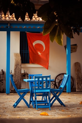 A small outdoor setting with blue wooden tables and chairs under a shaded area. A red flag with a white star and crescent is hanging on the wall, likely denoting Turkey. The wall is white and decorated with traditional items such as wheels and nets. There are green leaves from an overhead tree in the foreground.