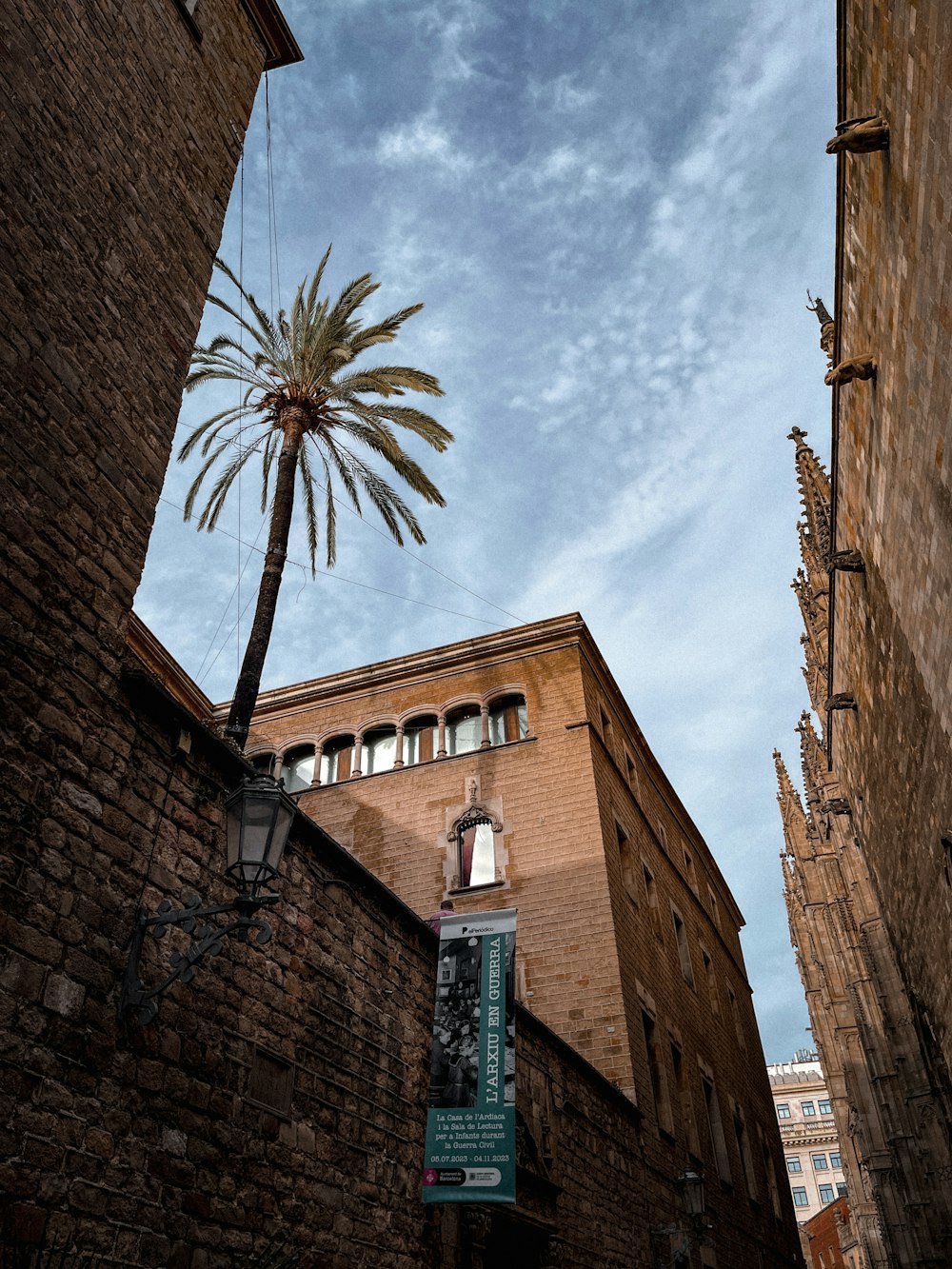 a tall brick building with a palm tree in the foreground