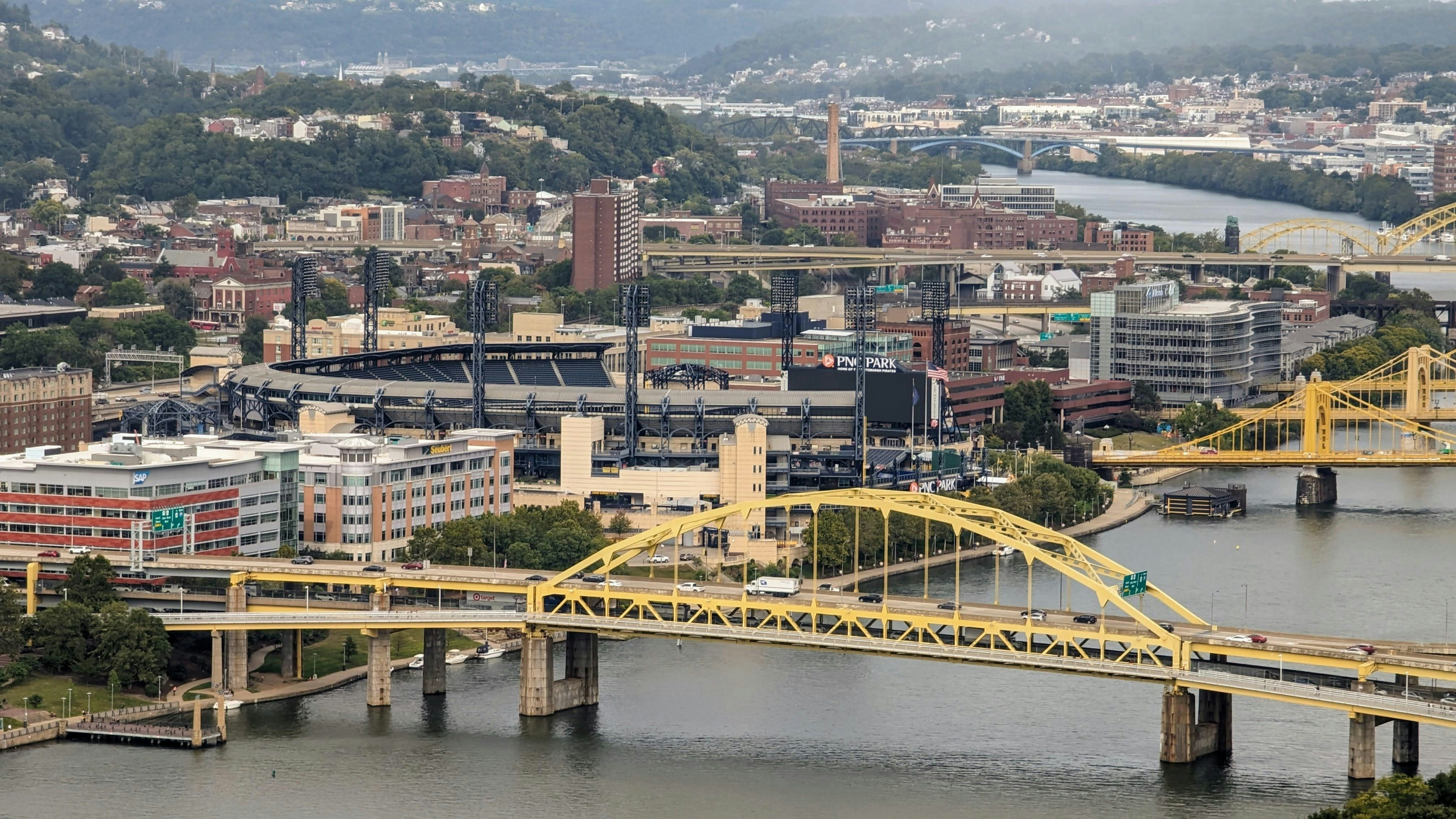 Picture of downtown Pittsburgh, PA overlooking the Baseball and football stadium.