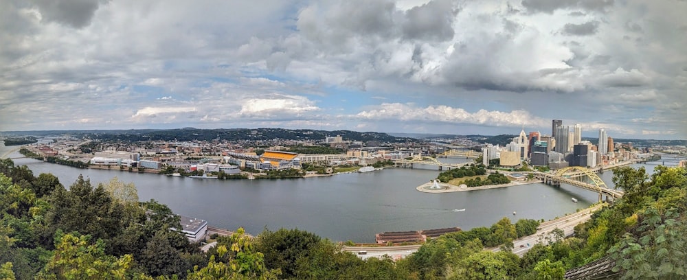 a panoramic view of a city and a river