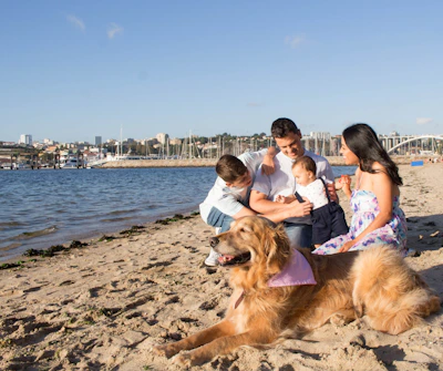 Family enjoying a sunny day at a Dubai beach with the city skyline in the background.