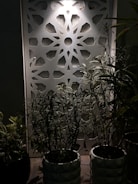 Decorative wall panel featuring geometric patterns with plants in pots placed in front, illuminated by a soft light from above.