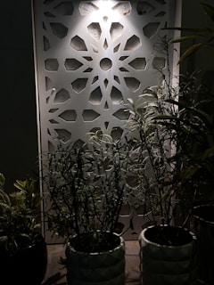Decorative wall panel featuring geometric patterns with plants in pots placed in front, illuminated by a soft light from above.